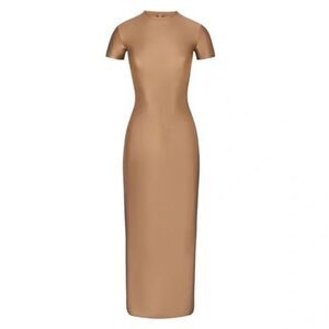 SKIMS Tan Shine Maxi Dress Size S/P Shiny Short Sleeve Tight Dress - NEVER WORN
